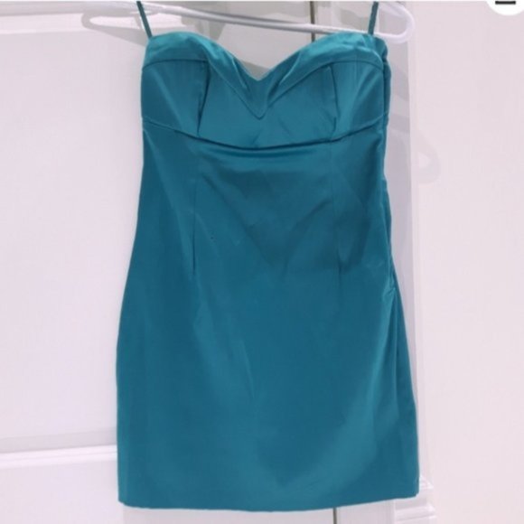 Vintage 90s Satin Turquoise Sweetheart Mini Strapless Dress - Picture 3 of 8